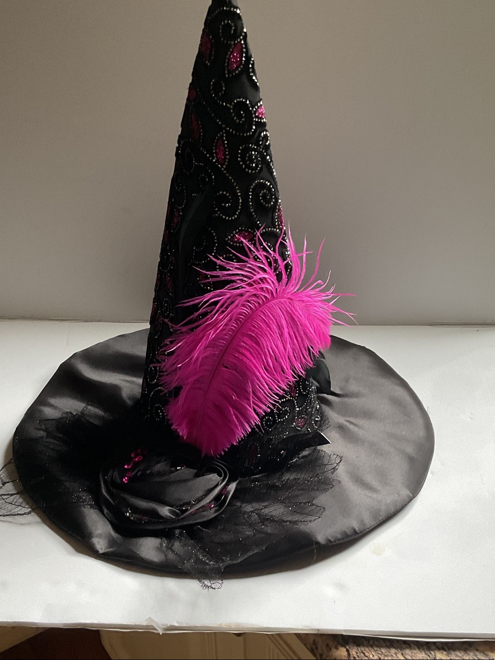 Pier 1 Black Witch Hat with Hot Pink Feather